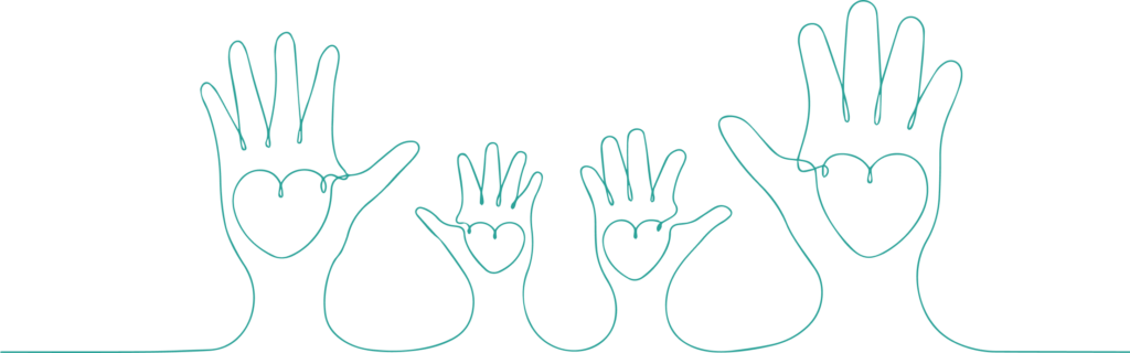 A line illustration of four hands, each with a heart in them.