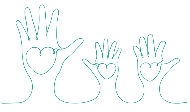 A line illustration of three hands, each with a heart in them.